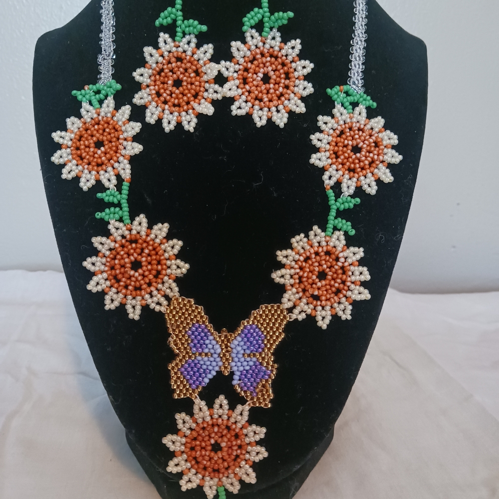Floral Beaded Necklace with Butterfly Accent